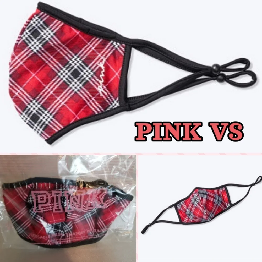 PINK Victoria's Secret Plaid Reusable Face Mask Adjustable Red Black Design New